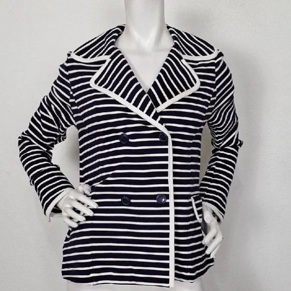 Anthropologie Navy Blue & White Striped Preppy Double Breasted Peacoat Size S - Picture 2 of 13